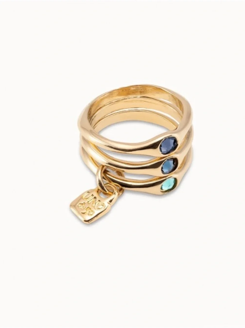 Gold Triple Stack Ring with Blue and Teal Gem Accents